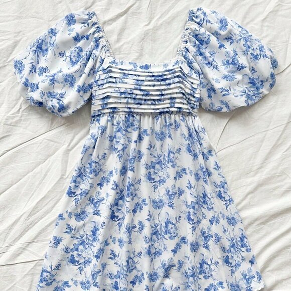 Blue and White Boho Women's Holiday U-Neck Bubble Sleeve A-Line Floral Dress - Picture 5 of 5